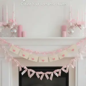3 strings of pink envelope bow garland banner decoration, pre-strung ribbon accessories for birthday, bachelor party, bride shower, wedding, engagement, baby shower, graduation decoration, anniversary
