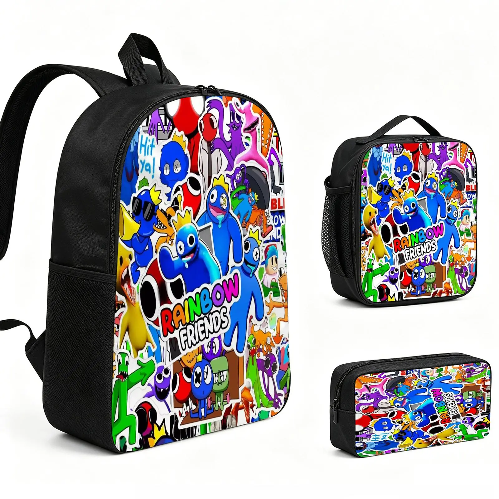 Rainbow Friends 3pcs Backpack Set - Vibrant Print School Pack, Adjustable Sturdy Zipper Daily Use Bag with Insulated Tote & Pencil Bag, Durable Laptop Travel Daypack Gift for Teens L-243, Daily Use Bags, Lunch Tote