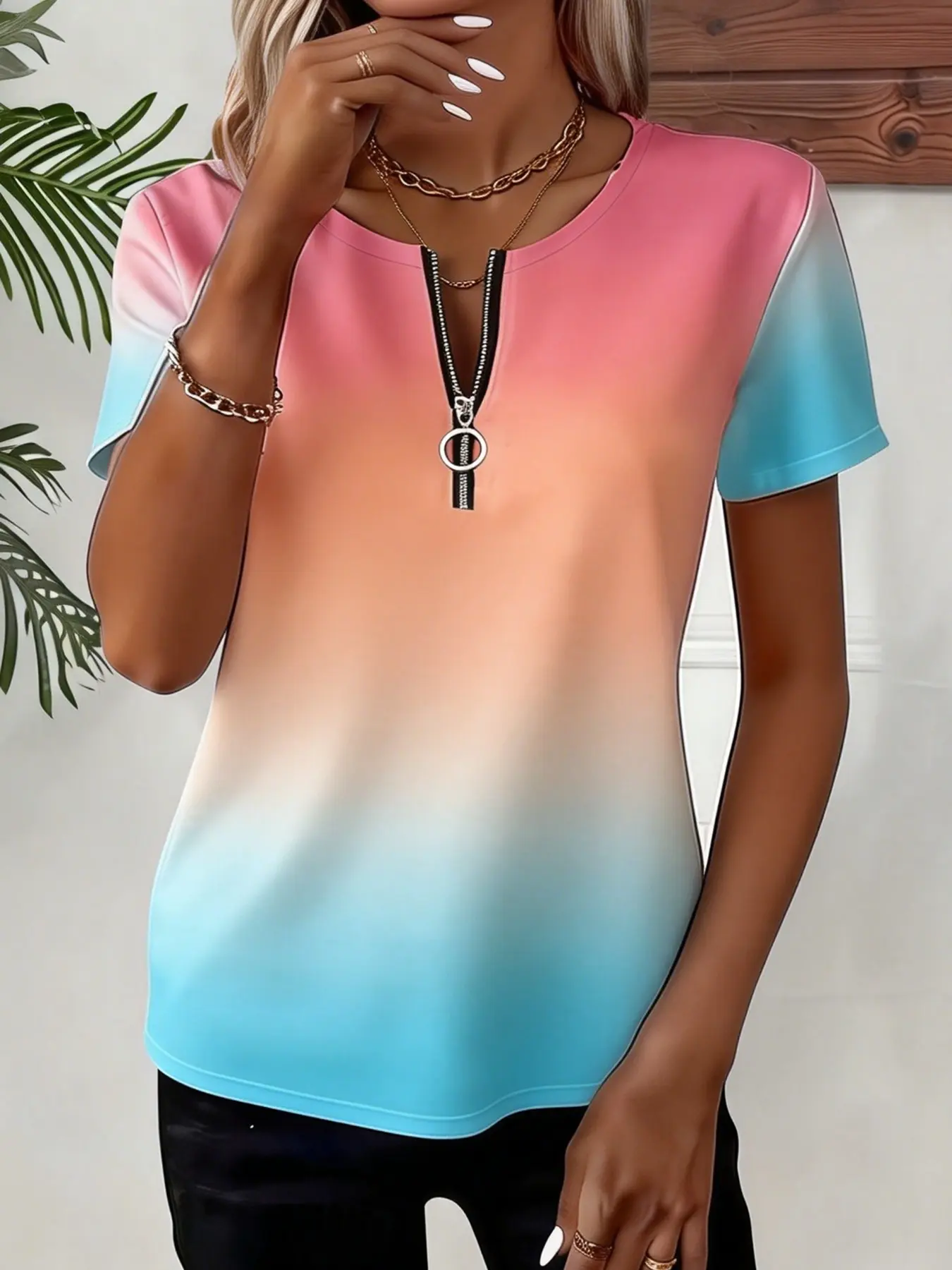 Elegant Colorblock Gradient Striped Print Round Neck Zipper Short Sleeve Top, Stretch Plus Size Women's Casual Style Shirt, Stretchy, Fit, Womenswear