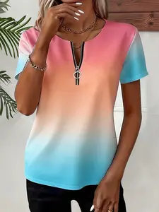 Elegant Colorblock Striped Print Round Neck Zipper Short Sleeve Top, Stretch Plus Size Women's Casual Style Shirt, Stretchy, Womenswear