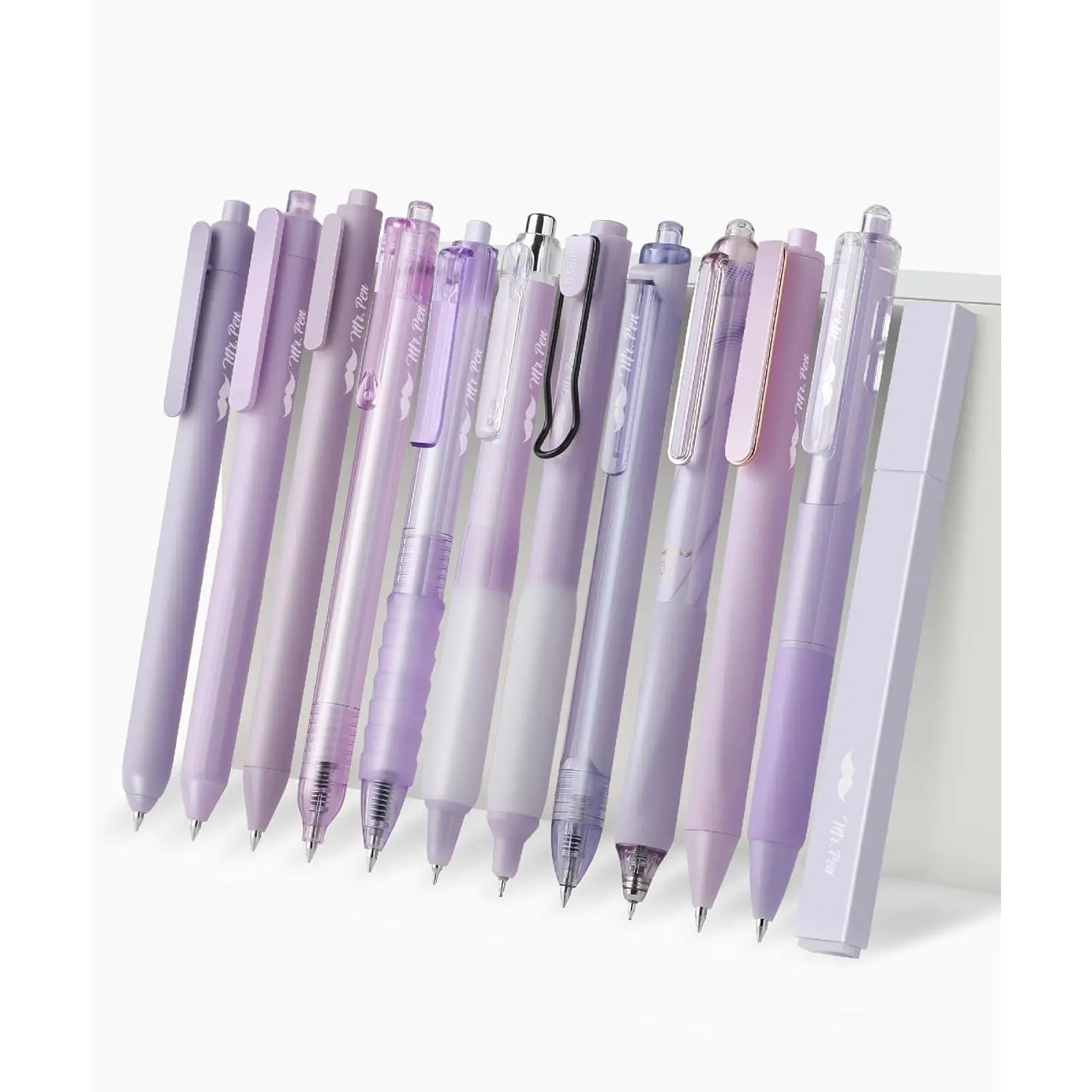 Pastel Purple Office Stationery 12-Pack - High-Quality Black Gel Ink Press Gel Pen Set, 0.5mm Retractable Pens, 1 Aesthetic Single Colour Highlighter Writing & Correction Tool, Smooth Writing Pens