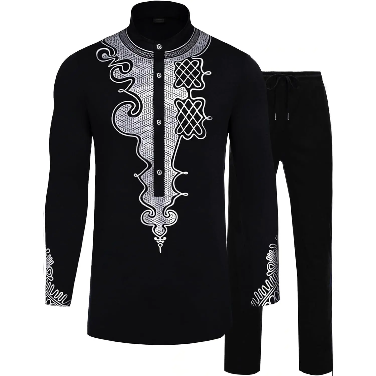 Men's Traditional African 2-Piece Dashiki Metallic Printed Shirt & Pants Outfit, Menswear Clothes for Birthday, Henley-Inspired Design Complement Loafers, Top