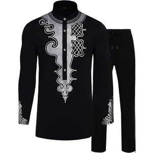 African Suits for Men Dashiki Metallic Suit Printed Shirt and Pants Outfit Traditional 2 Piece Set