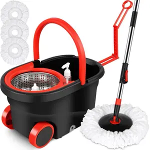 Spin Mop and Bucket with Wringer Set Stainless Steel 360 Floor Mop Bucket on Wheels 3 Microfiber Heads for All Floor Surfaces Household