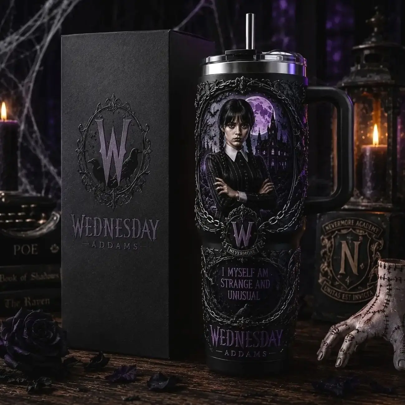 OceanSip4U Wednesday Addams 40oz Stainless Steel Tumbler with Handle, Vacuum Insulated Travel Mug, Gothic Halloween Cup, Nevermore Academy Inspired Tumbler, Spooky Gift for Wednesday Fans