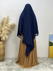 Women's Contrast Lace Hijab, Modest Solid Color Long Hijab for Daily Wear, Women's Islamic Clothing for All Seasons