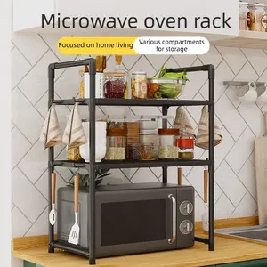 Widened Thickened 3-Tier Kitchen Shelf, Microwave Oven Toaster Rack, with Handrail Hooks for Spice Storage