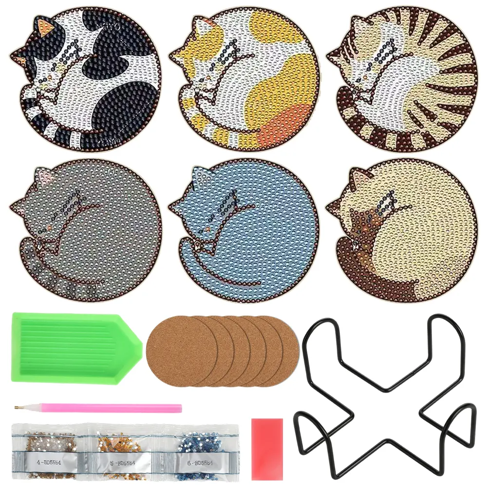 6-pcs cat themed diamond DIY art coaster with holder, including wooden base, diamonds and tools, complete diamond art coaster set, suitable for beginners, coffee table decoration, party gifts
