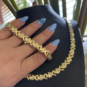 YadyFine #S2 Heart Set Two-piece 14k Gold Plated Choker 16inch & Bracelet 7inch with 7.5inch Extension