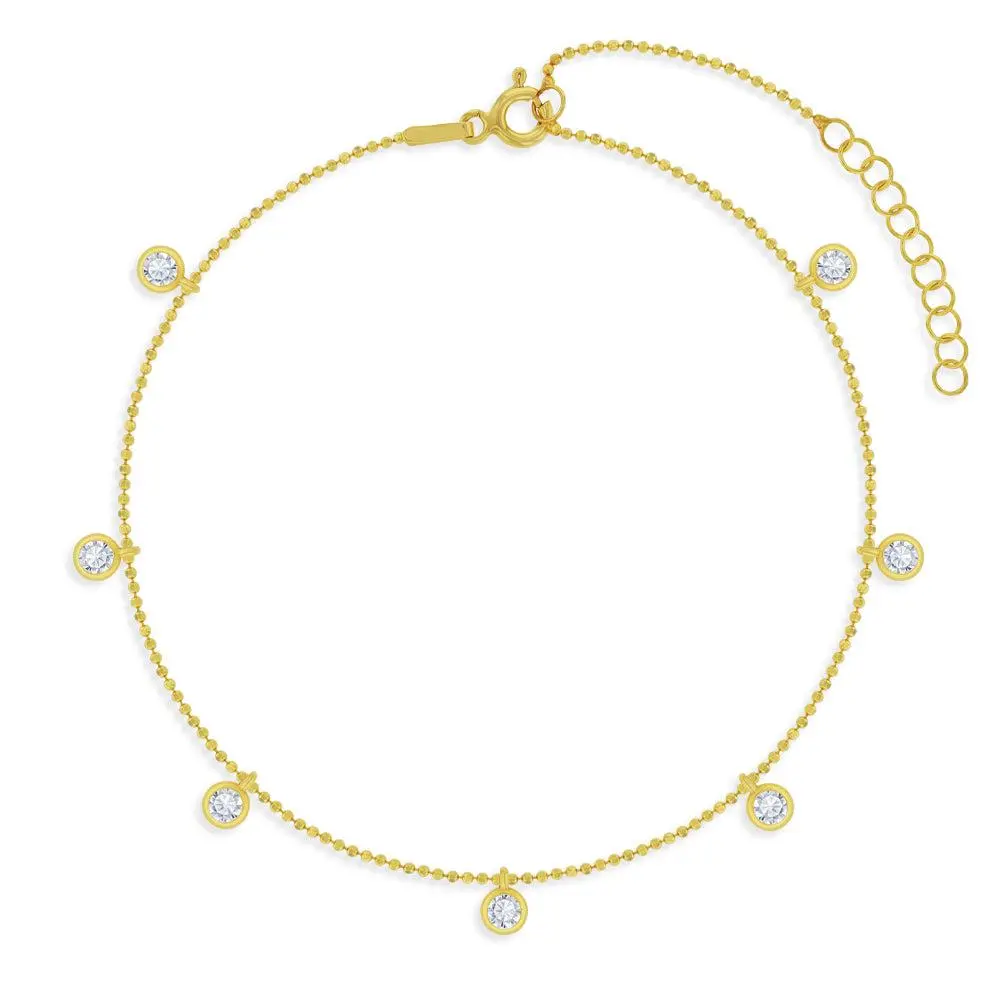 Cubic Zirconia Station Clear Preteen / Teen Anklet 7.5-9.5 - Sterling Silver