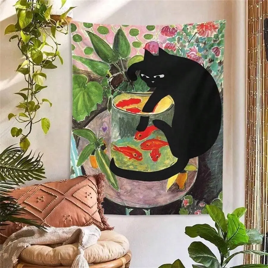 Curious Cat & Goldfish Tropical Plant Tapestry, Aesthetic Cat Lover Wall Hanging, Whimsical Feline Botanical Art Mural, Vibrant Jungle Greenery and Goldfish Pattern, Perfect Small Space Dorm Decor