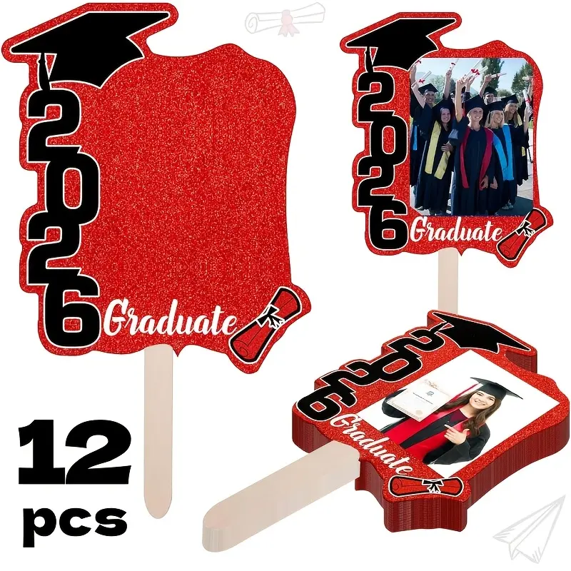 12pcs 2026 Graduation Season Photo Props — Fan-Style Frames & Handheld Signs for Graduation Photos, Parties, Ceremonies, Classrooms, and Stage Decor. Ideal for Graduation Celebrations, Class Photos