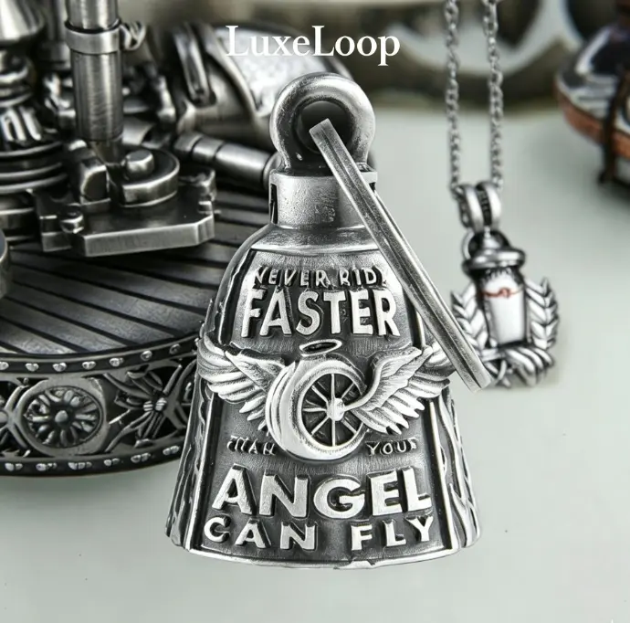 LuxeLoop Motorcycle Guardian Gremlin Bell, Never Ride Faster Than Your Angel Can Fly Angel Wing Lucky Charm Bell, Biker Riding Bell with Mount Hanger, Good Luck Protection Amulet Keychain Pendant, Vintage Motorcycle Accessory, Ideal Gift for Motorcyclists