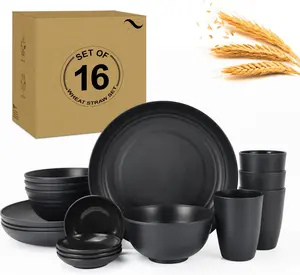 Wheat Straw Dinnerware Set for 4 - 16-Piece Eco-Friendly Unbreakable Dishes - Microwave & Dishwasher Safe Black Dinner Plates - Ideal for Outdoor and Daily Use