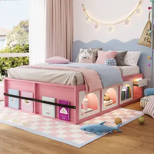 Queen Size Platform Bed Frame with Bookshelf, Display Cabinet, LED Light and Storage Drawer, Wooden Queen Bed Frame with Slats, No Box Spring Needed, Pink+White