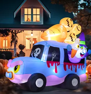 8FT Halloween Inflatables Outdoor Decorations, Wizard Dessert Car with Skull and Pumpkin Ice Cream, Blow Up Lighted Yard Decoration for Holiday Party Lawn Garden Decor Green Orange Purple Funny Figurine