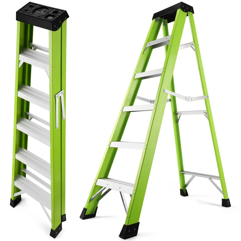 Professional 3/5/7-Step Fiberglass Step Ladder with Tool Tray, Heavy Duty Non-Conductive Folding Ladder, Green Insulated A-Frame Ladder for Electricians & Home