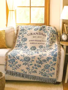 Grandma Woven Blanket Floral Toile Vintage Grandma's Garden Throw Grandkids Names Heirloom Gift Bedspread Custom Family Gift For Christmas