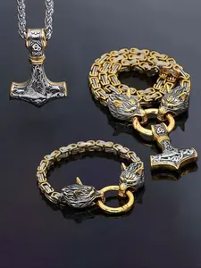 3pc Vintage Viking Hammer Necklace and Wolf Head Bracelet Set, Men's Pendant Necklace, Gothic Style Jewelry, Party Accessories, Valentine's Gift