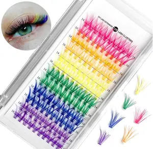 Colored Lash Extension Kit 120 Pcs DIY Lash Clusters Individual 14mm 16mm Mixed 6 Colors Soft False D Curl Eyelashes Rainbow Colorful Cluster Lashes Reusable Fluffy Lash for Women Girls