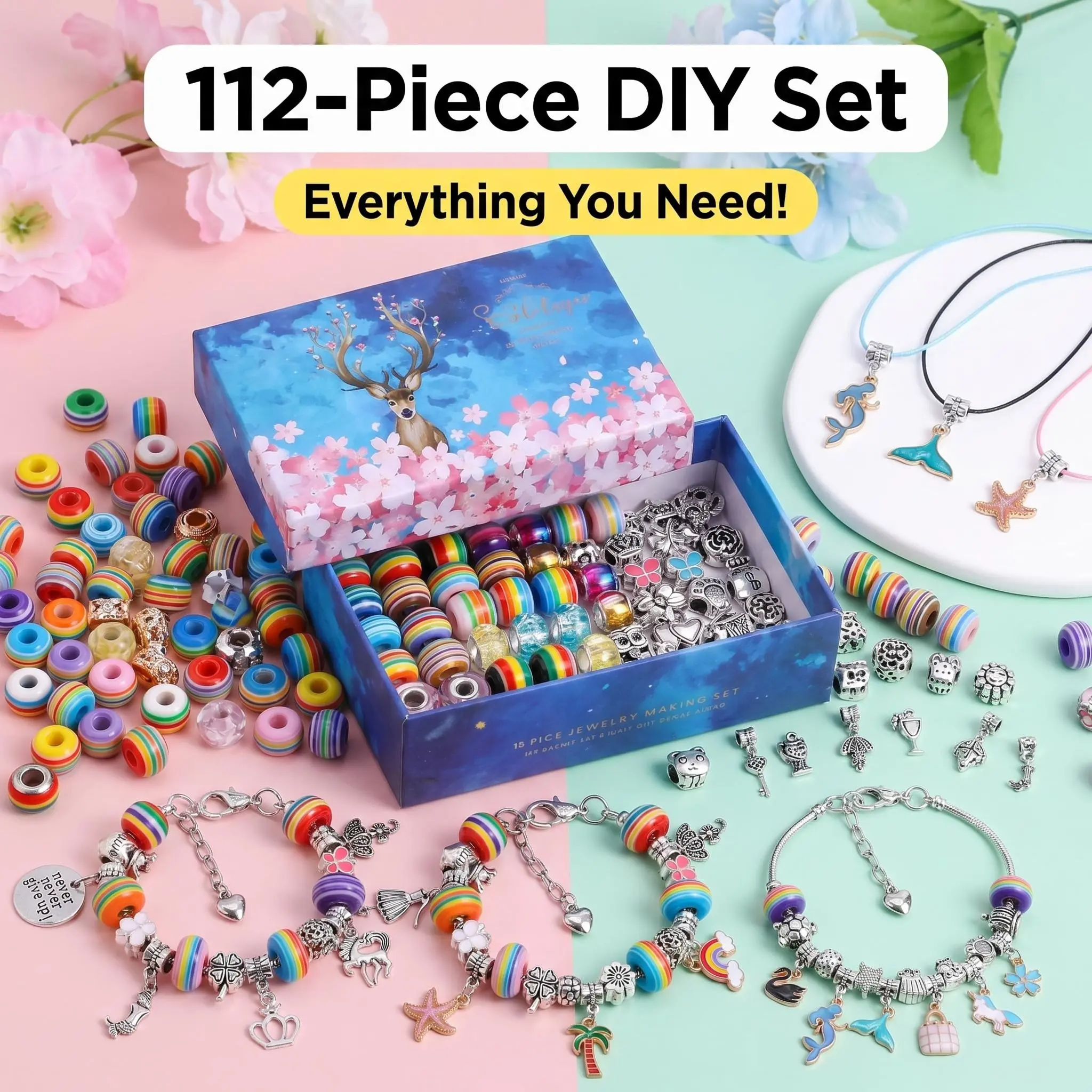 112Pcs DIY Rainbow Beads Charm Bracelet Making Kit with Charms, Elastic Beading String, Gift Box - Arts Crafts Supplies for Girls, Party Favors, Birthday Classroom Prize Gifts