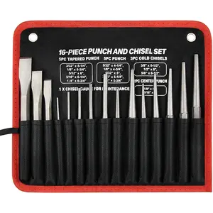 16-Piece Punch and Chisel Set With Storage Pouch, Including Taper, Cold Chisels, Pin, Center, Chrome Vanadium Steel