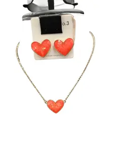 Orange Crackle Heart Post Necklace and Earrings Set