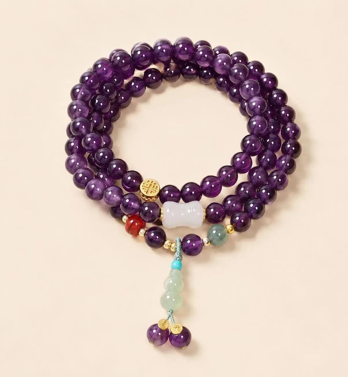 Amethyst Multi-Loop Bracelet with Gourd Charm