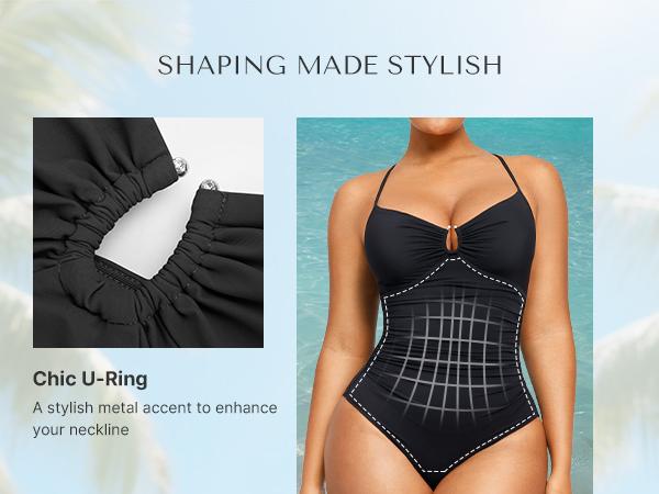 Shapellx Women's Smart Sculpt Shaping Swimsuit U-Ring Cut Out Slimming Swimwear One Piece Tummy Tucking Bathing Suit Shapellx Women's Smart Sculpt Shaping Swimsuit U-Ring Cut Out Slimming Swimwear One Piece Tummy Tucking Bathing Suit
