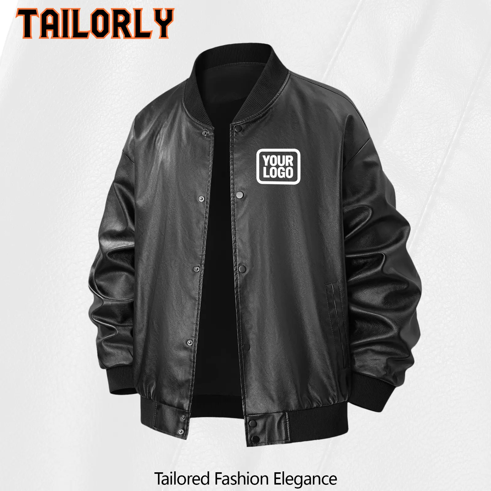 Tailorly Men's Faux Leather Baseball Jacket - Customizable with Name & Logo for Teams, Lightweight Windproof Street Style with Stand Collar, Menswear