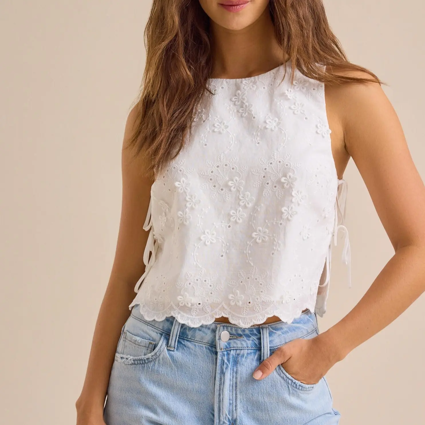 Women Floral Eyelet Embroidery Sleeveless Crop Tank Top, Round Neck Scalloped Lace Hem Side Self Tie Cutout Hollow Out Cropped Blouse, Vintage Boho Lightweight Sleeveless Camisole Shirt