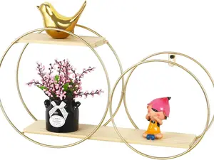 Floating Wall Shelves Gold Wall Mounted Shelves, 2 Tier Circle Shape Solid Paulownia Wood Storage Organizer, Modern Minimalist Display Rack for Bedroom Living Room Bathroom, Geometric Decor