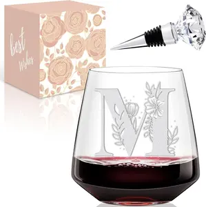 Physkoa Initial Wine Glass Stemless - Etched Dishwasher Safe, Personalized Birthday Wine Glasses Gifts for Women - Letter M - Drinkware