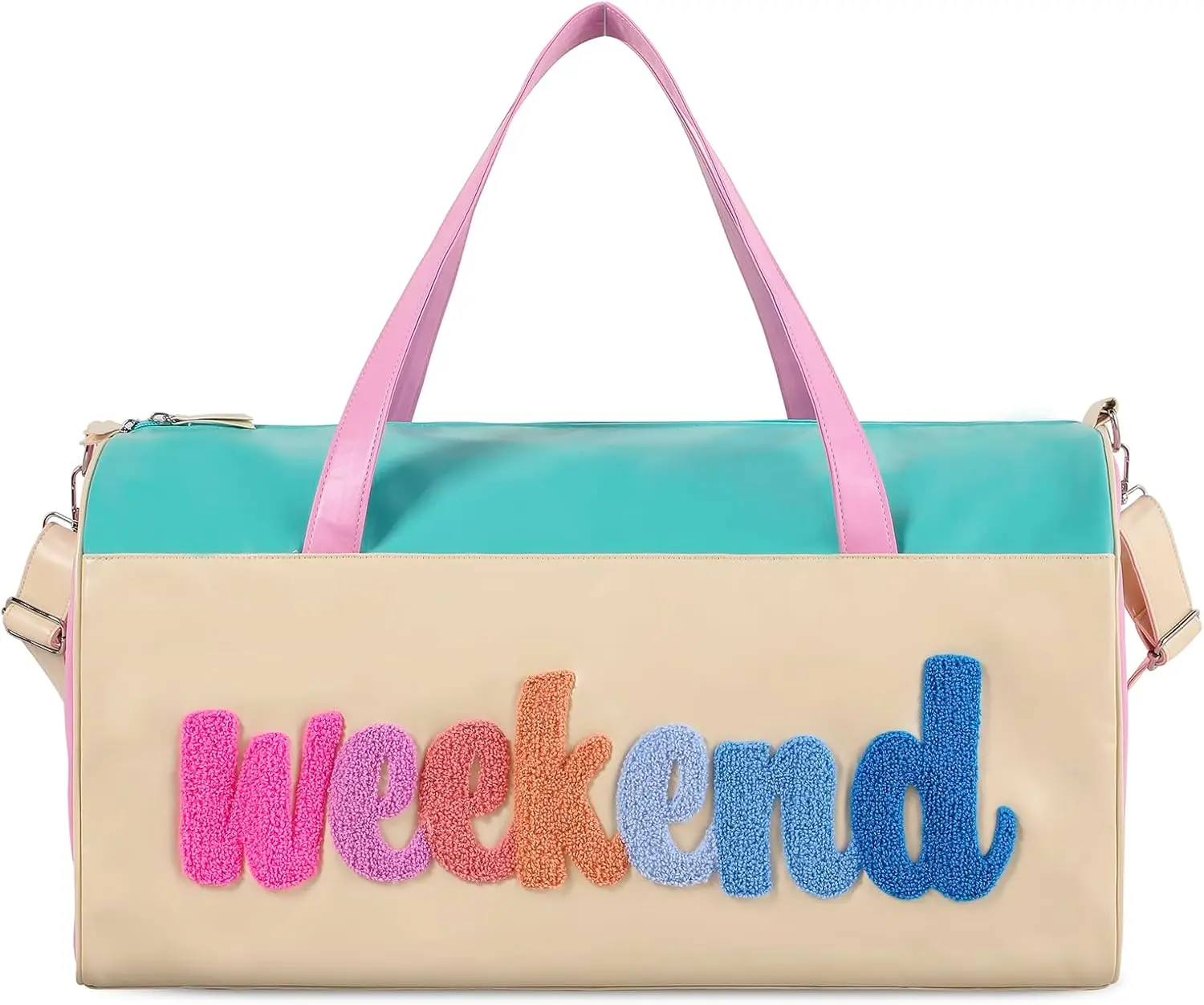 Chenille Letter Travel Duffle Bag Large PU Leather Weekender Overnight Bag for Women Carry on Bags Travel ToteWeekender
