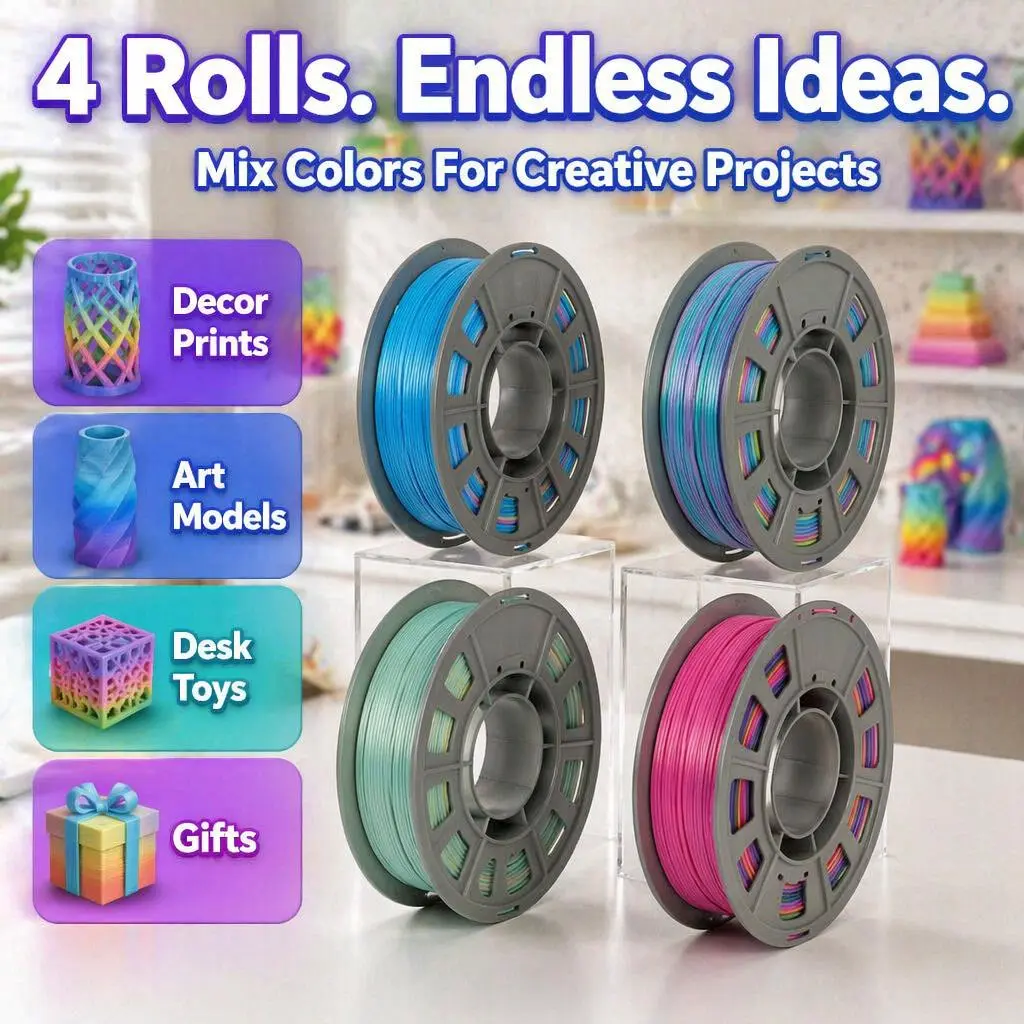 Silk Gradient PLA Filament 1.75mm 4-Roll Pack - 0.66 lbs per spool, Glossy Satin Slow Color Changing 3D Material, Smooth Layer Finish, Prevents Tangling, For Glossy Decorative Figurines, Compatible with All FDM Desktop 3D Printers