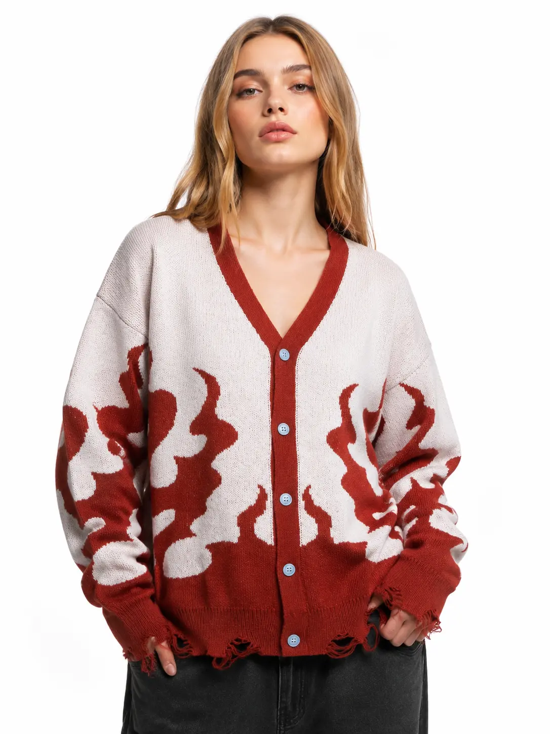 Women's Casual Knit Cardigan, Grunge Streetwear V-Neck with Flame Print, Button Down Top with Distressed Hem, Style, Oversize, Knitwear, Jeans, Fit, Longsleeves, Loose, Polyester, Long Sleeve, Oversized, Sweater, Fire, Knitting