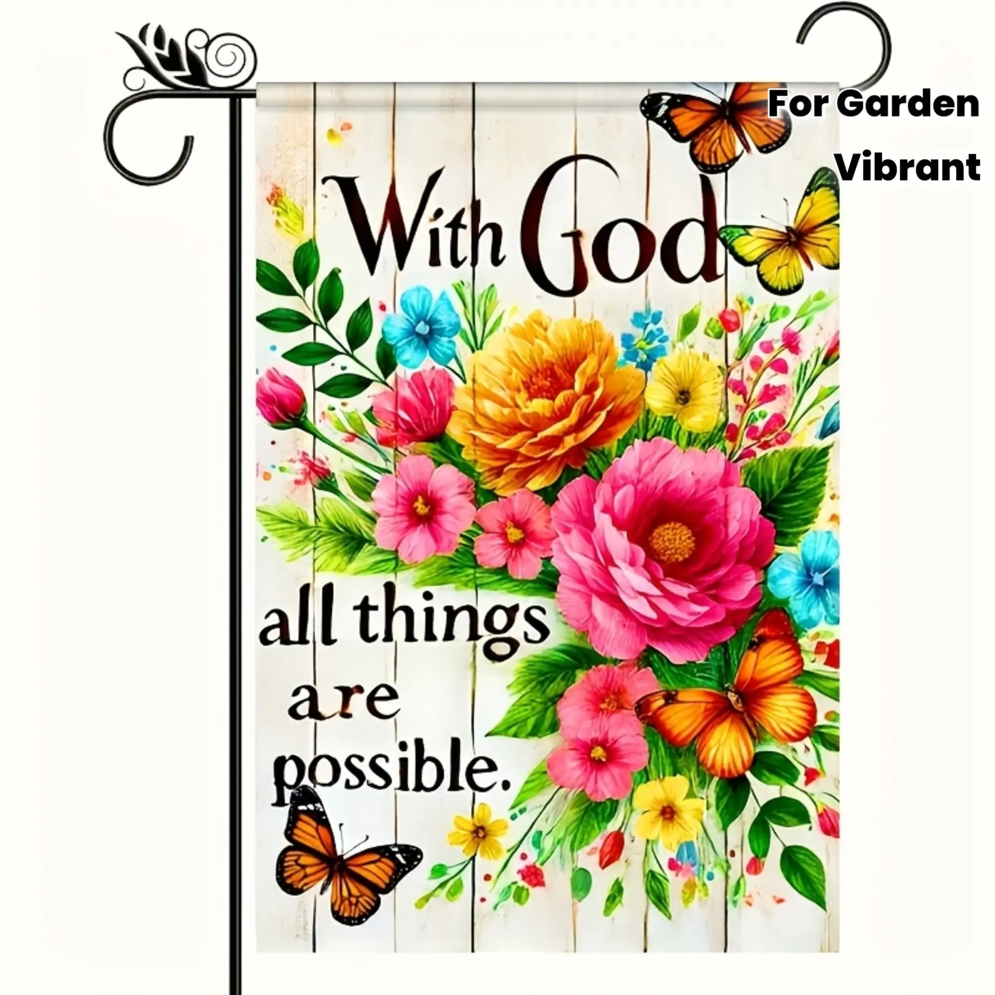Life-Sized Double-Sided Polyester Festive Garden Flag - "With God, Anything Is Possible" Slogan, Vibrant Floral & Butterfly Design, Handle-Free, Ideal for Home & Garden Décor
