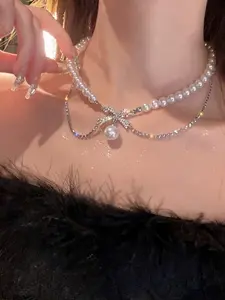 Elegant Rhinestone Bow Pearl Necklace for Women, Unique Design Choker Necklaces, Cold Style Fashion Jewelry, Elegant Pearl Bowknot