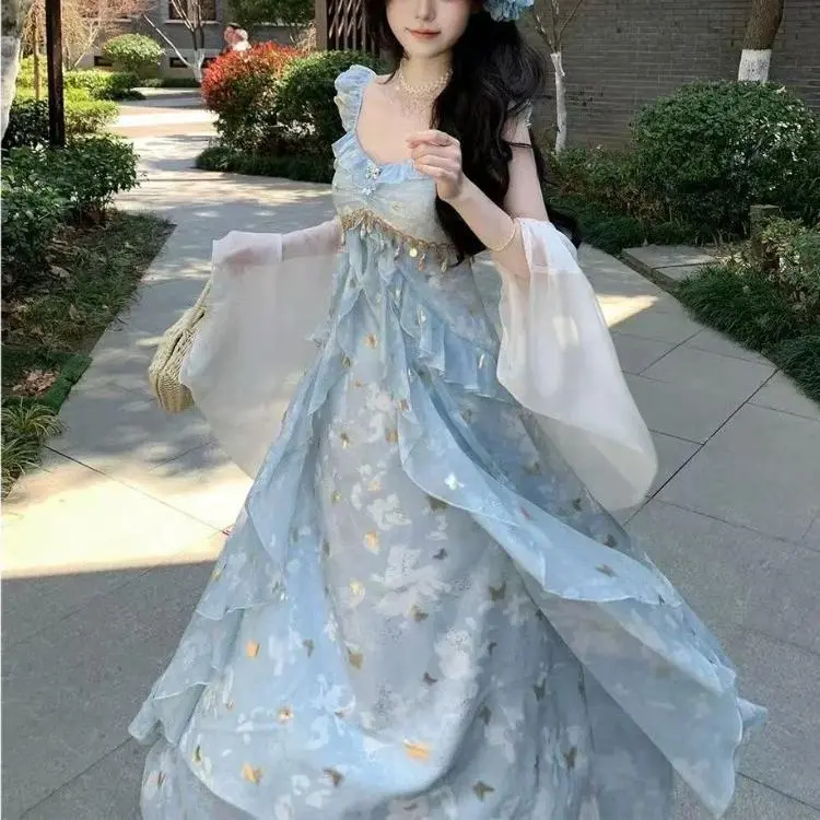 French Vintage Elegant Women Dresses Y2k Butterfly Sequin Fairy Long Dress Fashion Female Korea Style Chic Outfits Summer New