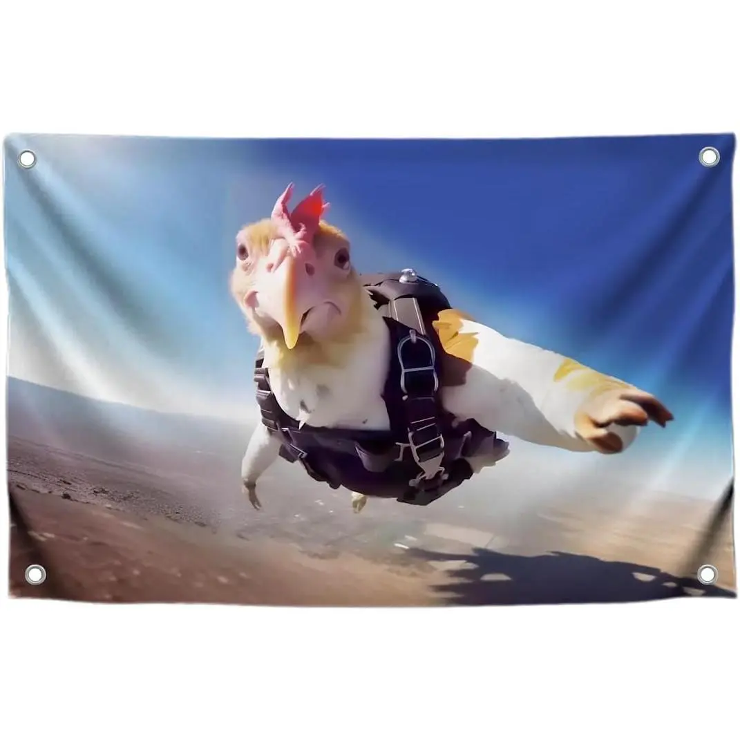 3x5 Feet Funny Polyester Flag with Flying Chicken with Four Brass Grommets - Meme Banner One Chicken Learned to Fly - Flag Who Says Chickens Can't Fly Eh - Funny Home Wall Decorations on Flags