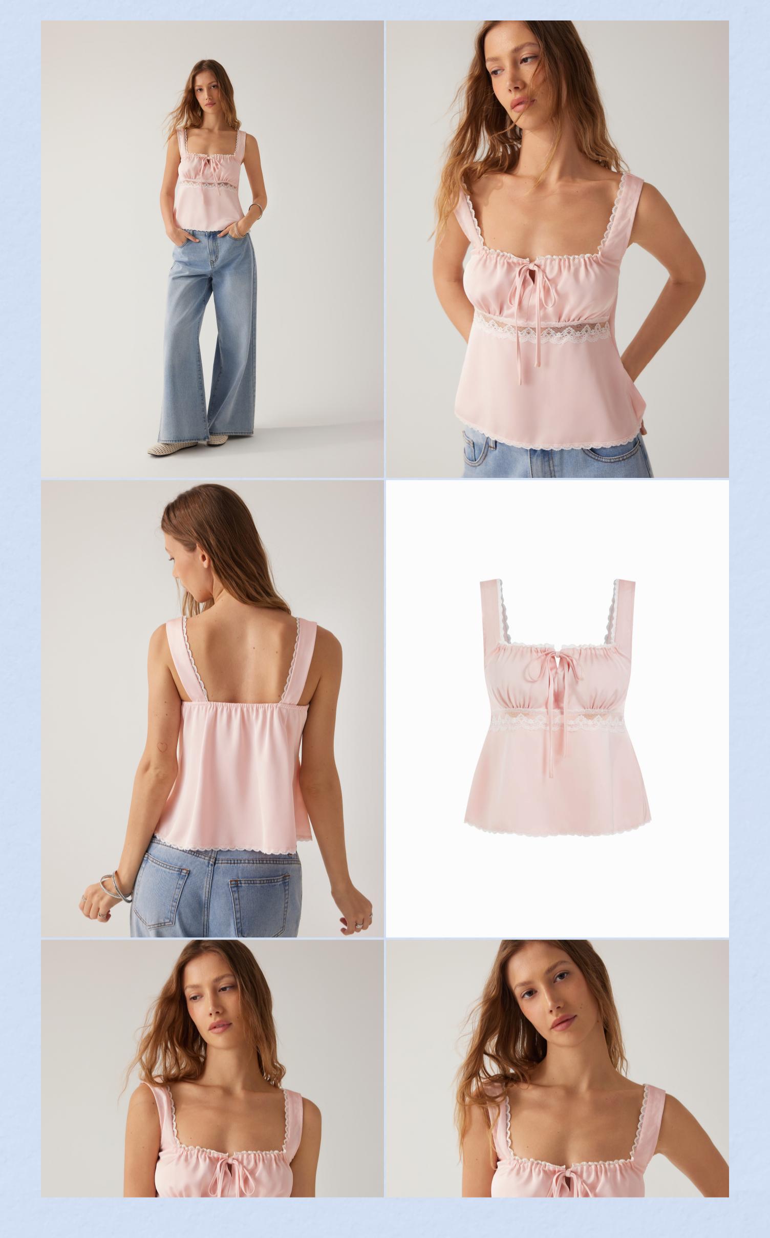 Cider Satin Square Neck Drawstring Lace Trim Tank Top