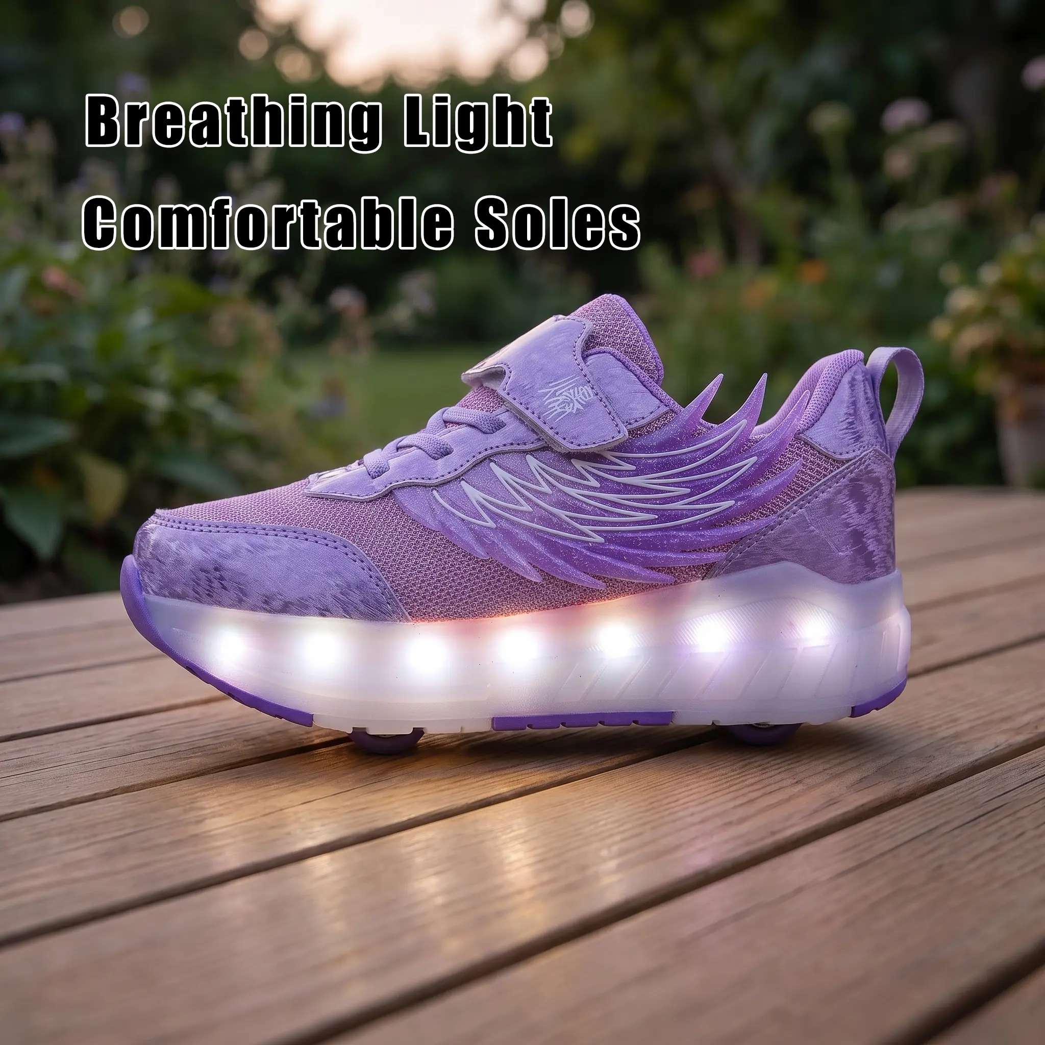 Kids LED Light Up 4-Wheel Roller Skate Shoes, Wing Decor Mesh Breathable Convertible Wheeled Sneakers, Hook and Loop Casual Glowing Skating Shoes for Girls Outdoor Sports