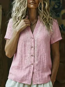 Vintage V Neck Lace Patchwork Linen Shirt Blouse, Bohemian Loose Fit T-Shirt, Basic Everyday Casual Summer Top, Comfortable Breathable Home Wear