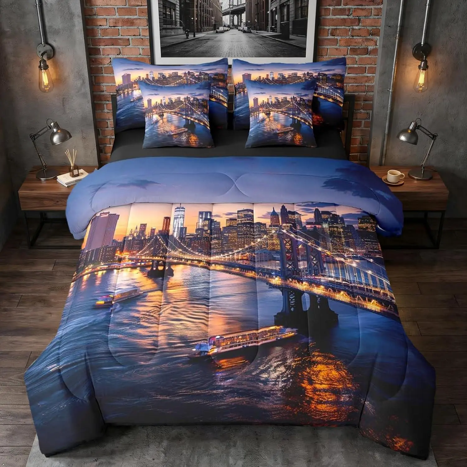 New York City Bed in a Bag Cityscape Comforter Set with Sheets 7-Pieces All Season Manhattan Skyline Bridge Sunset Scenery Bedding Sets with Flat Sheet,Fitted Sheet and Pillowcase