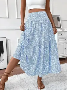 Women's Ditsy Floral Print A Line Ruffle Hem Skirt, Boho Fashion Casual Skirt for Daily Holiday Vacation Wear, Ladies Bottoms for Summer