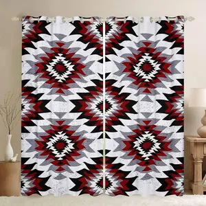 Southwest Native American Design Curtains,(2 Panels ) Red Grey Geometric Darkening Dreapes,Decor Tribal Blackout Curtains for Women Men