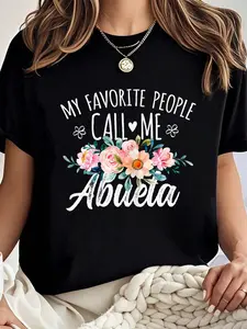 100% cotton Best Abuela Gifts For Mother's Day My Favorite People Call Me Abuela Floral Birthday Abuela T-Shirt Women Graphic T-Shirt Cotton Print short Sleeve Casual Top, Summer Tee Womens Tops