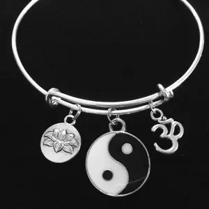 Black and White Silver Yin Yang with Lotus and Om Charm Bracelet - Adjustable Expandable Silver Wire Bangle, Trendy Yoga Inspired Design