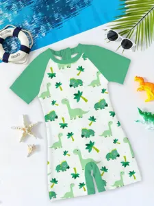 Boys' one-piece swimsuit "Fun Dinosaur Theme Style", cute cartoon printed swimwear, comfortable and highly elastic without tightness, suitable for daily water play, pool training and water parks