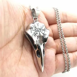 Viking Raven Crow Skull Pendant Necklace Stainless Steel Vegvisir gift